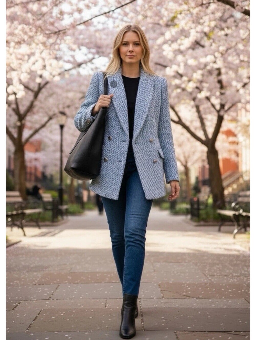 Zara Boucle Textured Tweed Double Breasted Blazer, Women’s Medium, Blue, Preppy